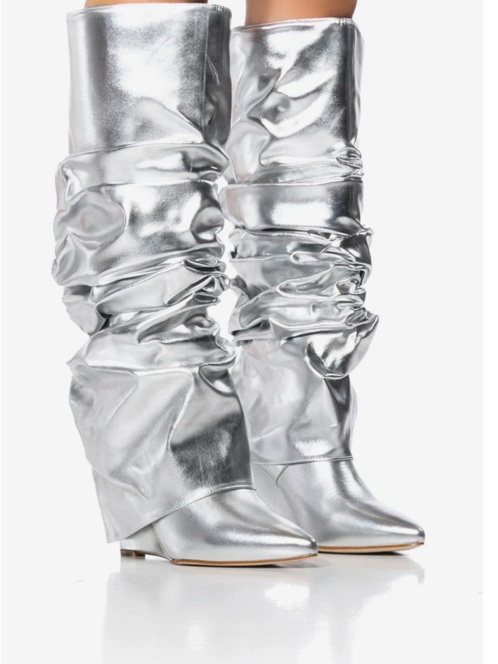 Silver Slouch Knee-High Wedge Boots